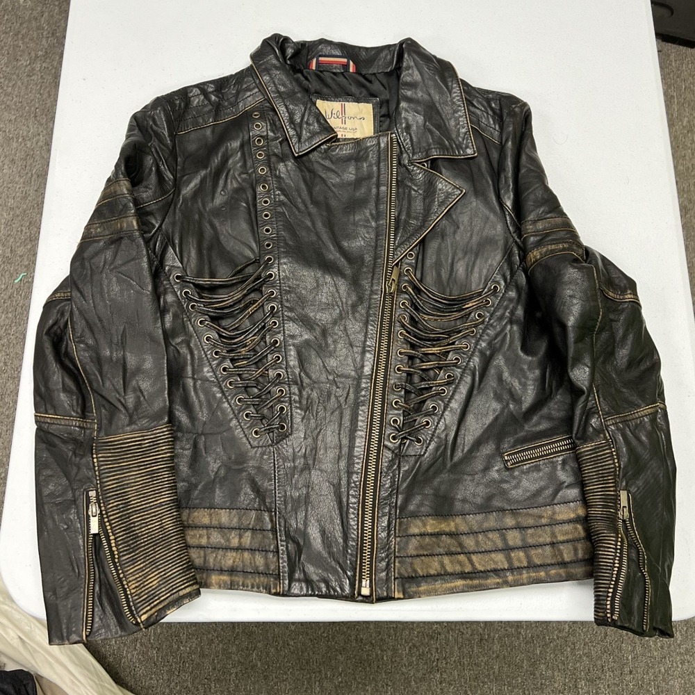 Wilsons Leather Moto Jacket Womens XXL Black Distressed Lace Up Ribbed Biker
